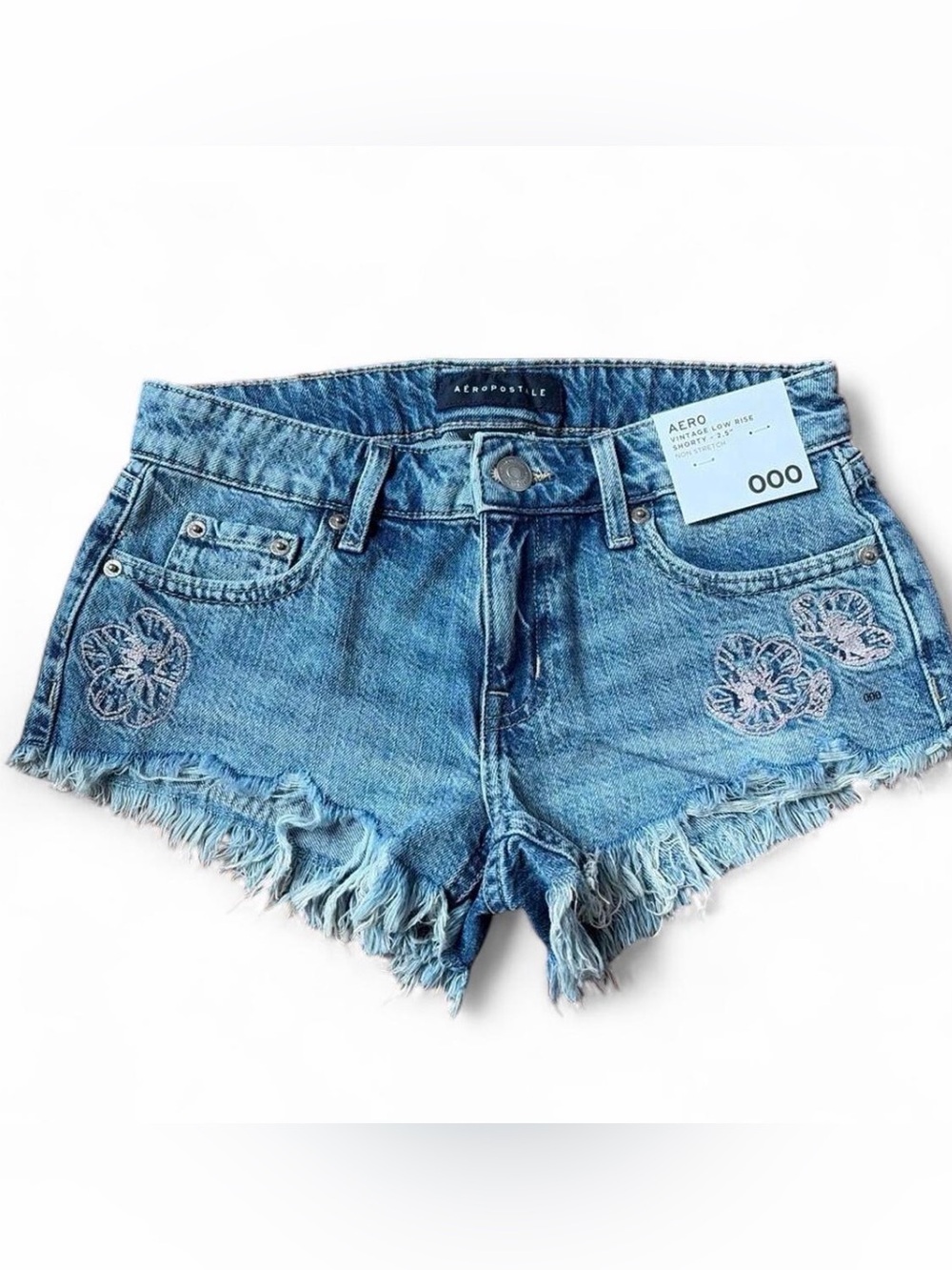 Aeropostale Light Blue Denim Frayed Hem Embroidered Shorts